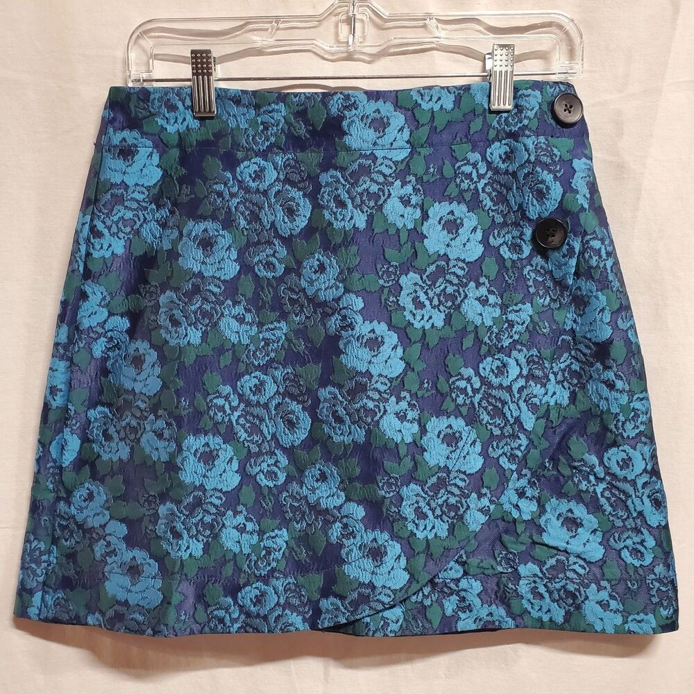 Anthropologie Maeve Blue Floral shimmer Brocade Faux Wrap Mini Skirt 4